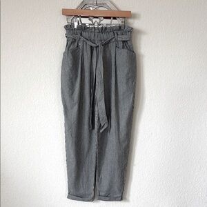 Essue • Striped Chambray Navy and White Pocketed Stretch Waist Tapered Trousers